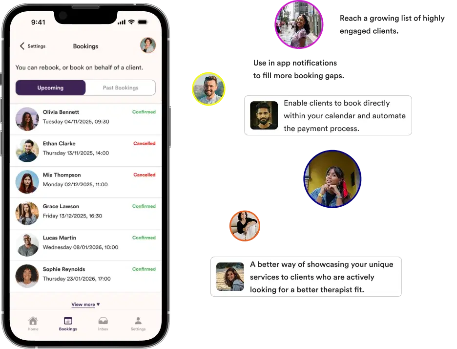 Source app bookings screen with therapist client matching features